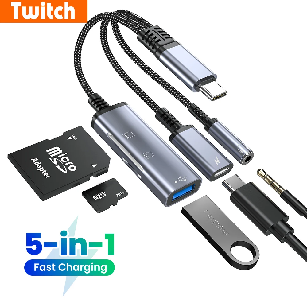 5-in-1 Type-C Adapter Fast Charging USB C To 3.5MM/Type C/USB/SD/TF Card Reader For iPhone 15 16 17 Samsung High Speed Transfer