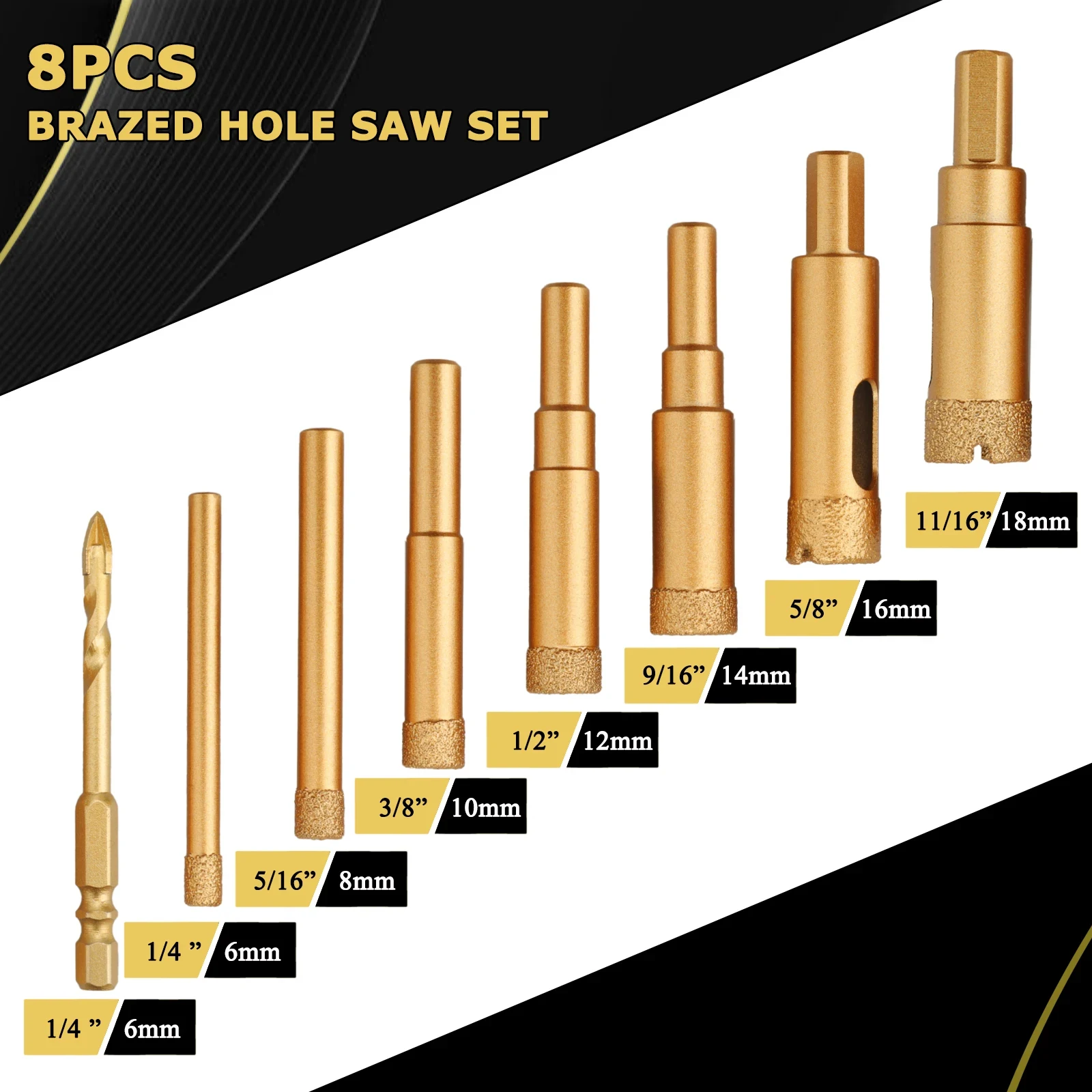 

8 pcs Diamond Hole Saw Kit, Dry/Wet Brazing Tile Core Guide Drill Bits Sets for Ceramic, Glass, Porcelain, Marble, Granite