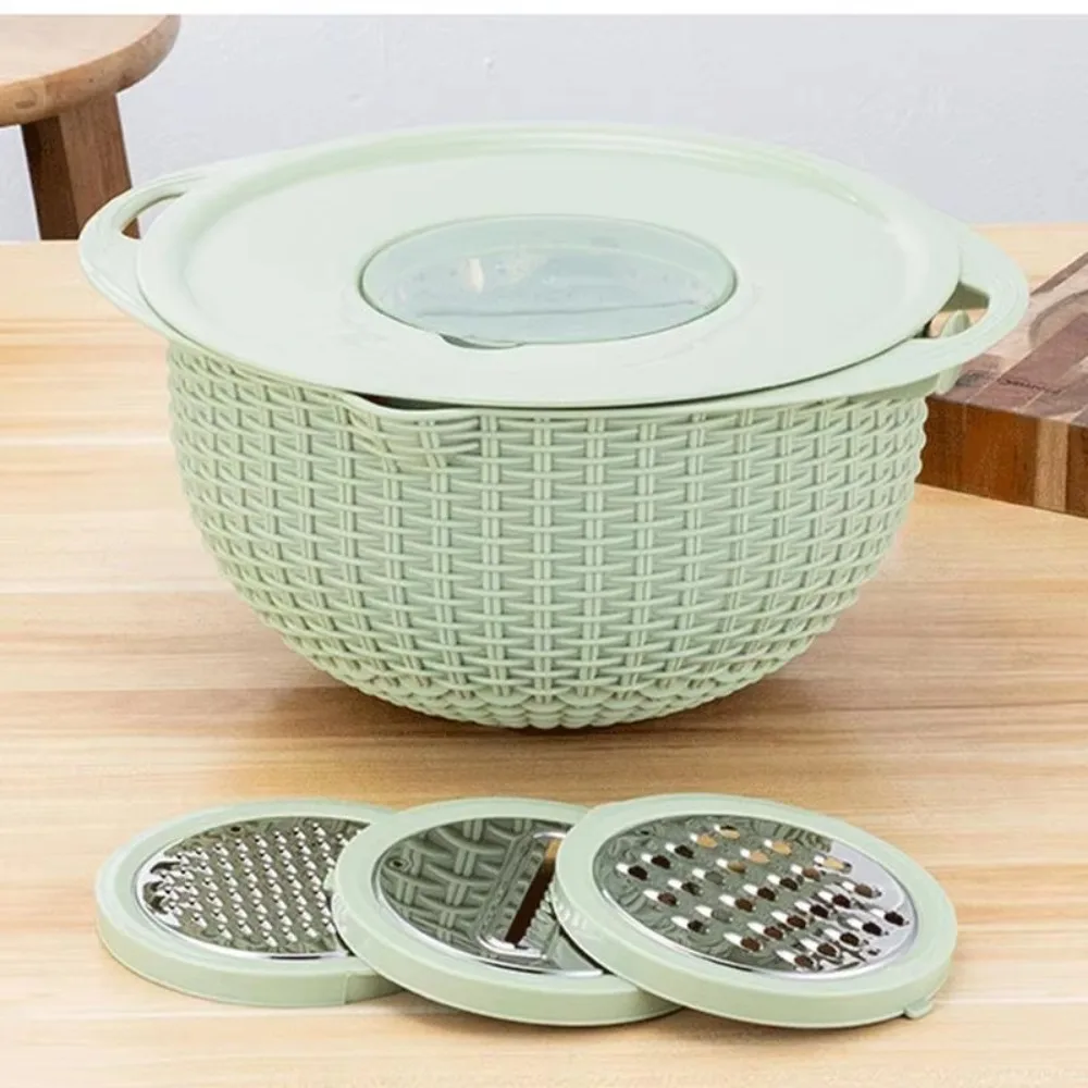 

4 in 1 Kitchen Drain Basket with 3 Grater Blades Double Layer Food Strainers Bowl Rotatable Vegetable Slicer Basket Home