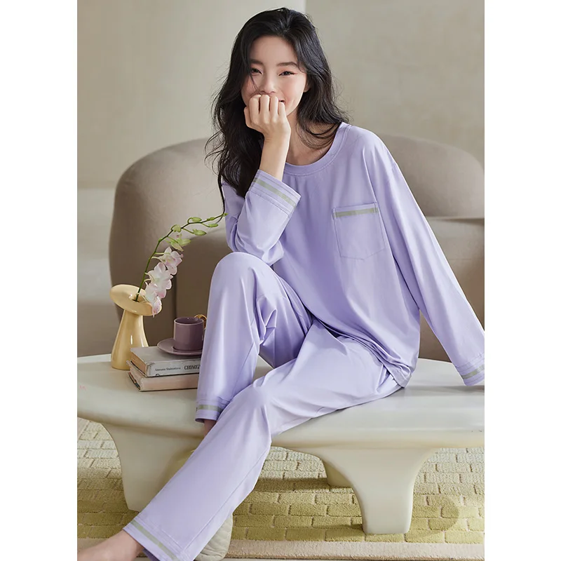 Women O-Neck Pajamas Set Soft Cotton Female Long-sleeved Spring Autumn Pyjamas Loose Home Set Solid Sleepwear Tops + Pants 2pcs