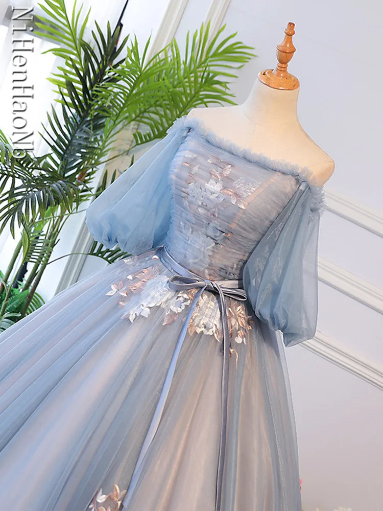 Vestidos De quinceañera, elegantes vestidos De novia De manga farol azul, talla grande, largo hasta el suelo