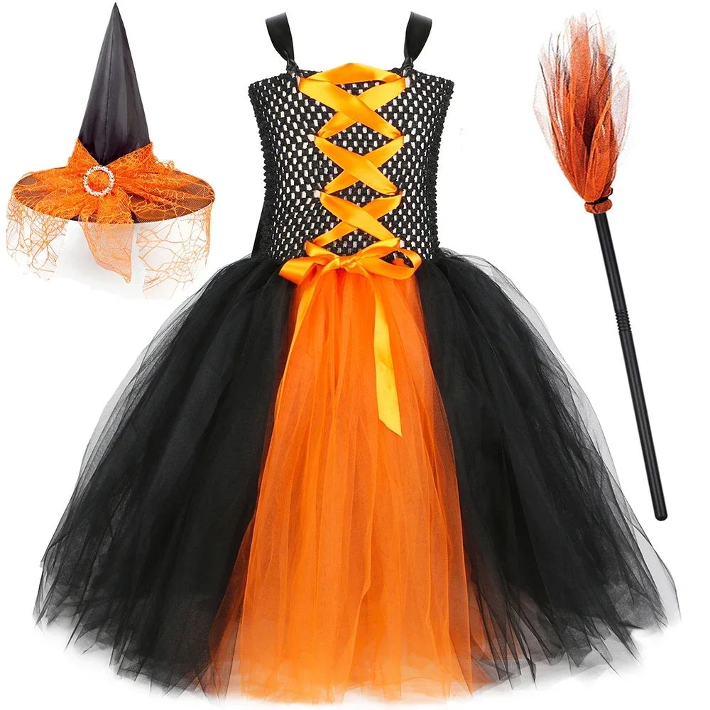 Orange Black Witch Costume for Girls Halloween Tutu Dress Evil Queen Princess Dress Toddler Kids Purim Carnival Party Clothes