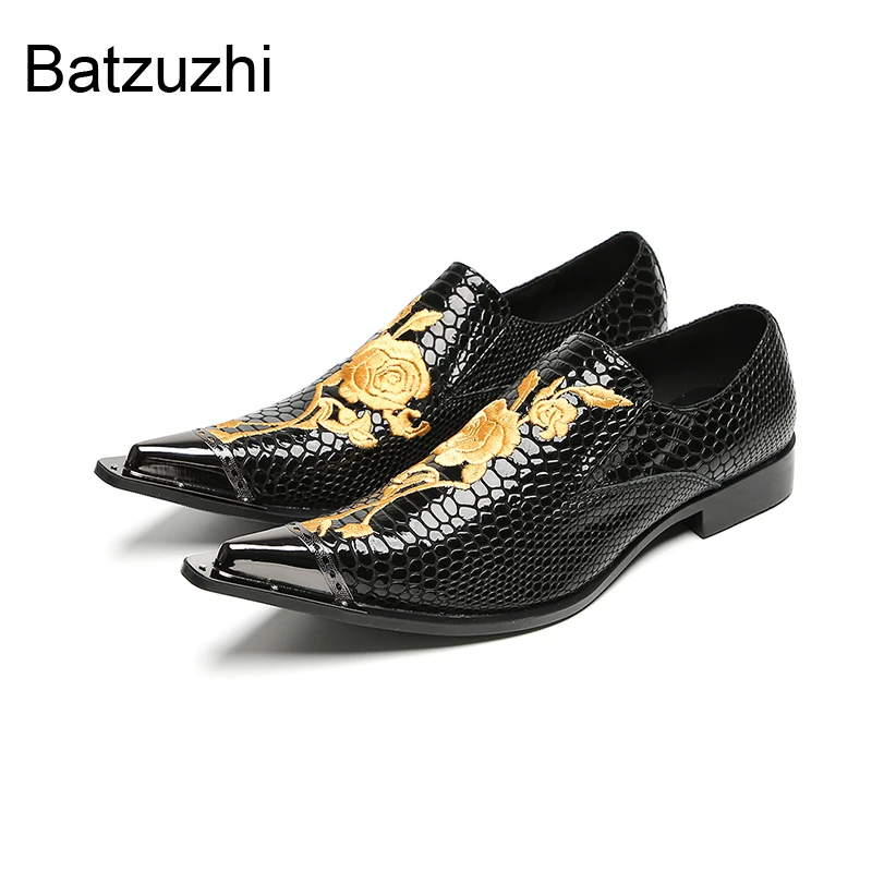 

Batzuzhi Luxury Designer's Men Shoes Slip On Black Corodile Leather Pattern Dress Shoes for Men Leather with Flower Print Shoes