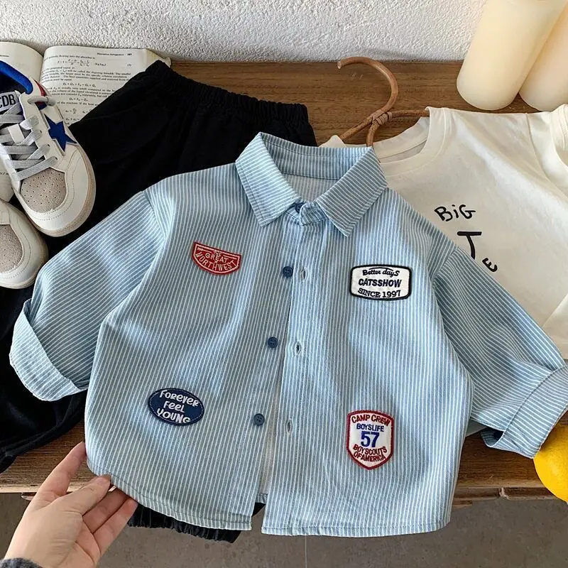 Japanese Bellbell Infant Babys Boys Shirts Embroidery Sticker 1-5Yrs Kids Boys Polo Shirts 2026 Autumn Toddler Boys Denim Shirts
