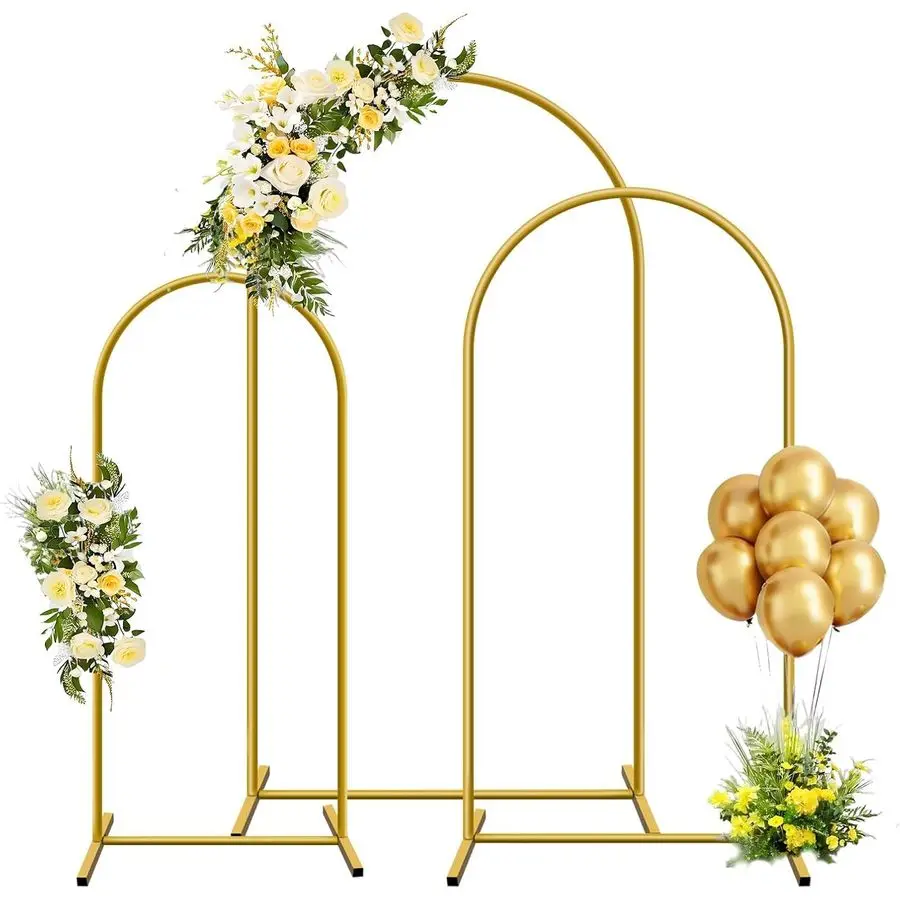 

Metal Arch Backdrop Stand, Set of 3 4ft 5ft 6ft Gold Arch Backdrop with 12 Ground Nails, Stable Arched Background Stand for Wedd