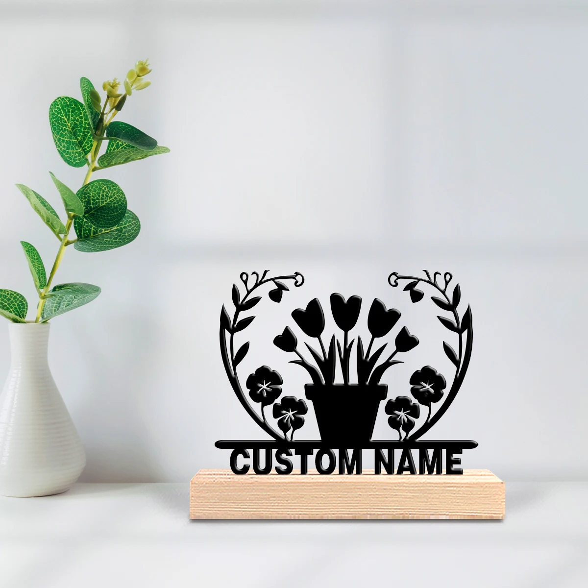 1pc flower grass Custom Text Iron Statue  Iron Ornament Tin Sculpture Art Crafts With Wood Base For Children Gifts