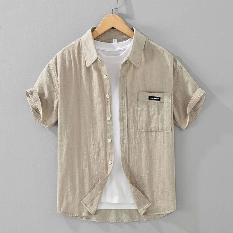 Lightweight Linen Short Sleeve Shirt Men's Loose Breathable Retro Artistic Chinese Style Pure Color Casual Fashion Summer Shirt