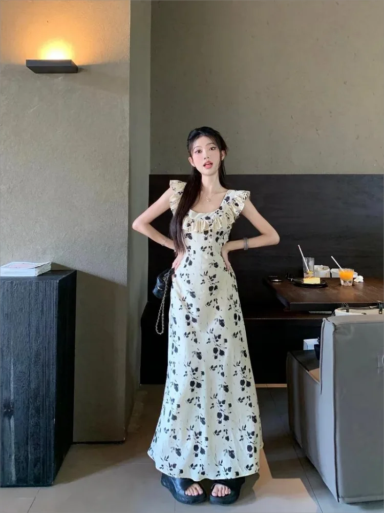 

Sweet Printing Midi Dresses for Women Flying Sleeve Japan Girls Cute Floral Vintage Ruffles Beach Maxi Bodycon Dress Summer 2023