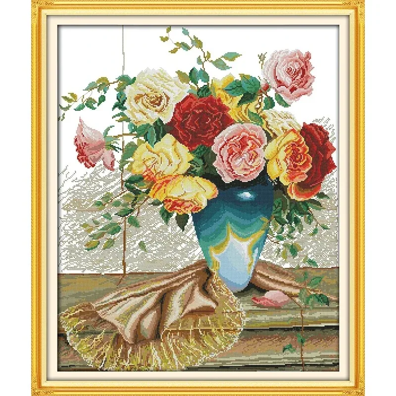 

Joy Sunday New Printed Cross Stitch Kit Easy Pattern Aida Stamped Fabric Embroidery Set-Colorful Roses