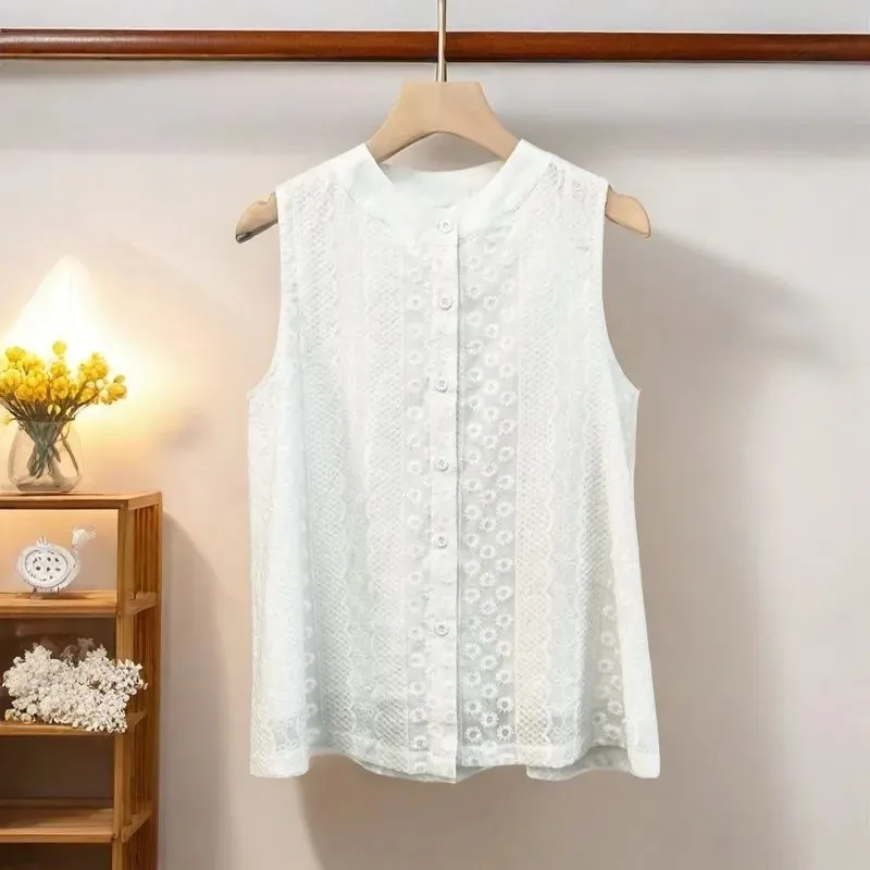 

Женская белая кружевная блузка без рукавов с круглым вырезом, на пуговицах спереди, свободного кроя, повседневный топ
