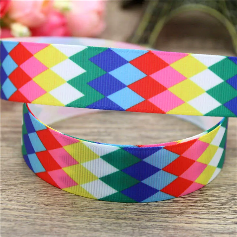 DHK 50yards Colorful Checkered Stripes Printed Grosgrain Ribbon Accessories Headwear Decoration Collar DIY Sewing Craft S2600-2