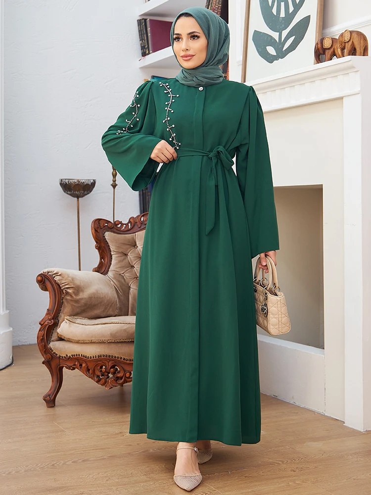 Women Abaya With Stones On The Shoulder Islamic Muslim Hijab Clothing Long Dress Belted Casual Cut Made in Turkey