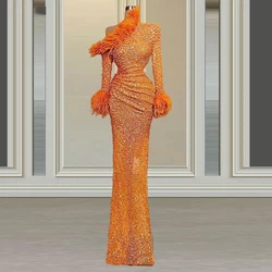 Orange Women's Long Sleeved Evening Dresses Shiny Bead String Mermaid Pleated Feather Princess Prom Gowns Formal Robes 2023 De