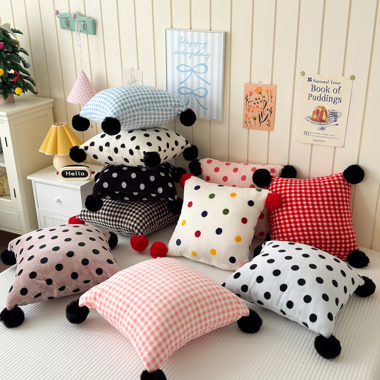 Milk Fleece Cushion Cover with Fluffy Ball Cute Dopamine Color for Home Bedroom Sofa Chair Decor Gift for Sis Bro Mom Dad Friend