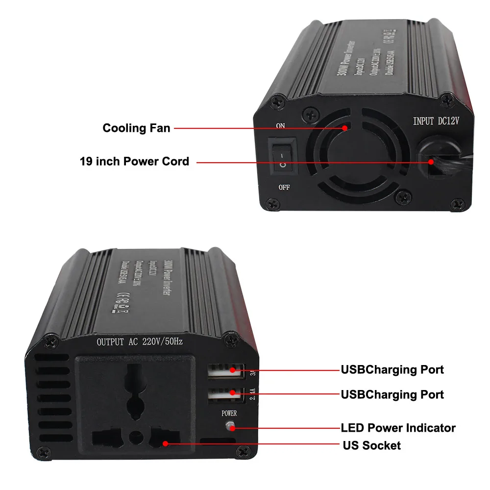 300W Power Inverter Car Inverter with 5.4A Dual USB 600W Peak Power for Mobile Phone Laptop Tablet Charger DC 12V to AC 220V