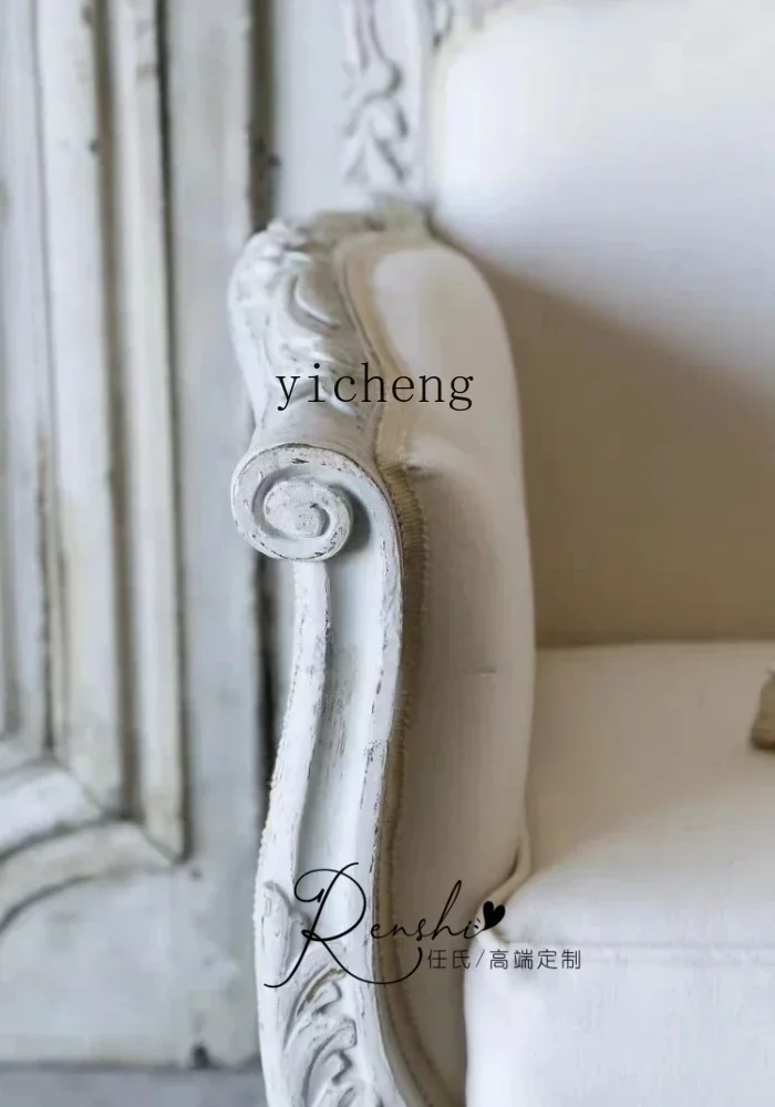 W27- log carved double three sofa villa light luxury French small apartment old living room fabric