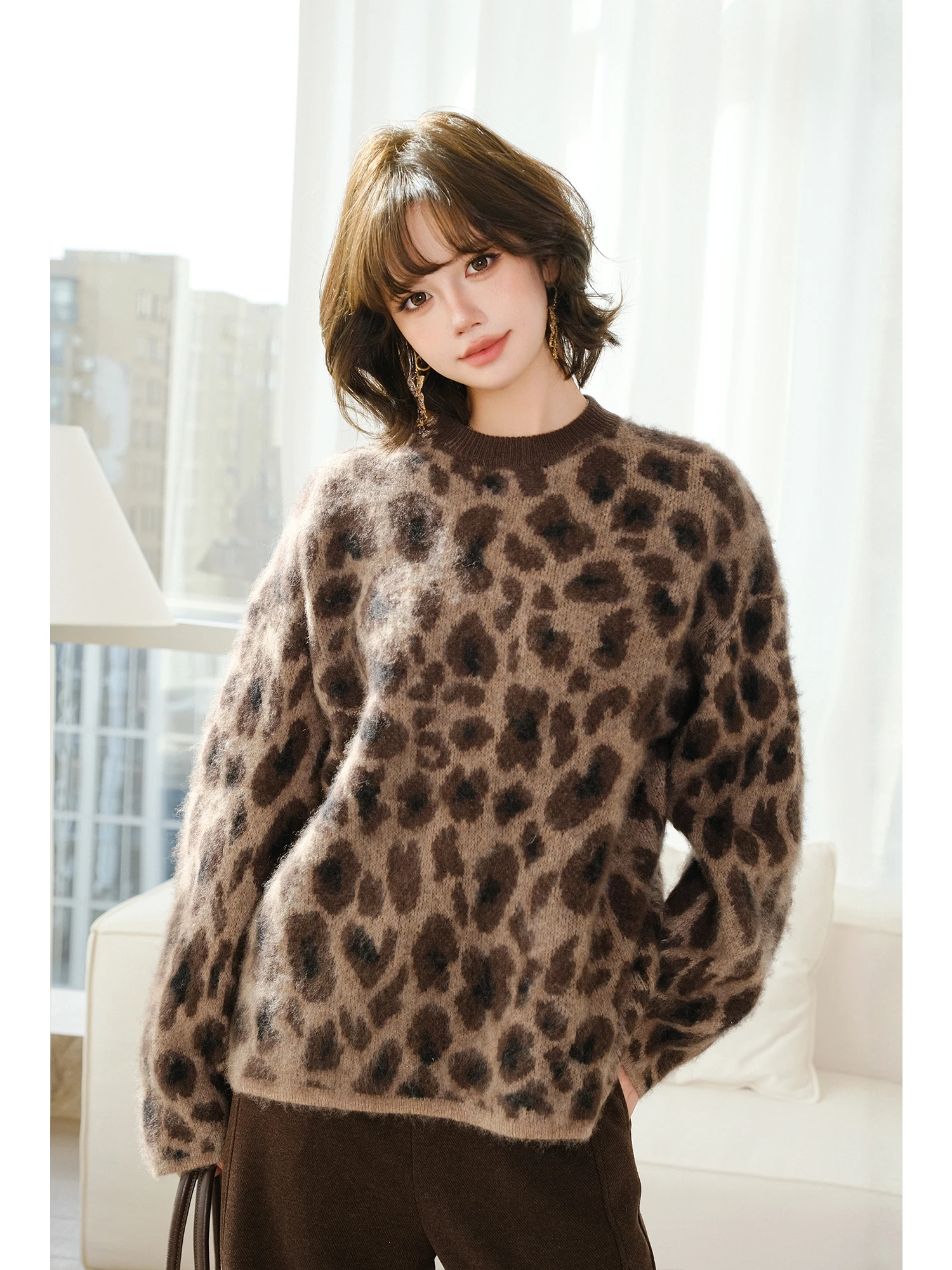 

MIUCO Women's Soft Knitted Sweater round Ne Loose Fit Winter Long Sve Tassel Leopard Print Knitwear Comfortable Casual S...
