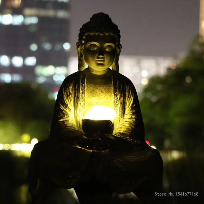 Chinese Buddha Statue Outdoor Solar Lamp Decoration, Courtyard, Garden, Office, Home, Porch, Sculpture Decor