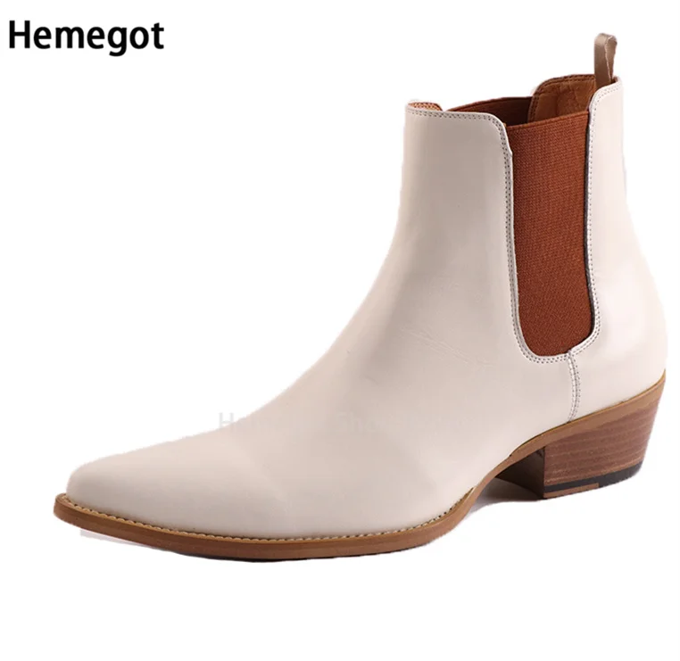 Men's Chelsea Boots Spring/summer Fashion Personality White Pointed Toe Elevation Shoes Cowhide Breathable Slip-On Short Boots