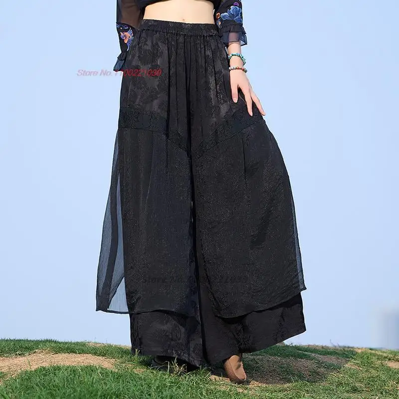 

2024 traditional chinese vintage wide leg pants women ethnic harajuku national oriental elastic waist chiffon jacquard trousers