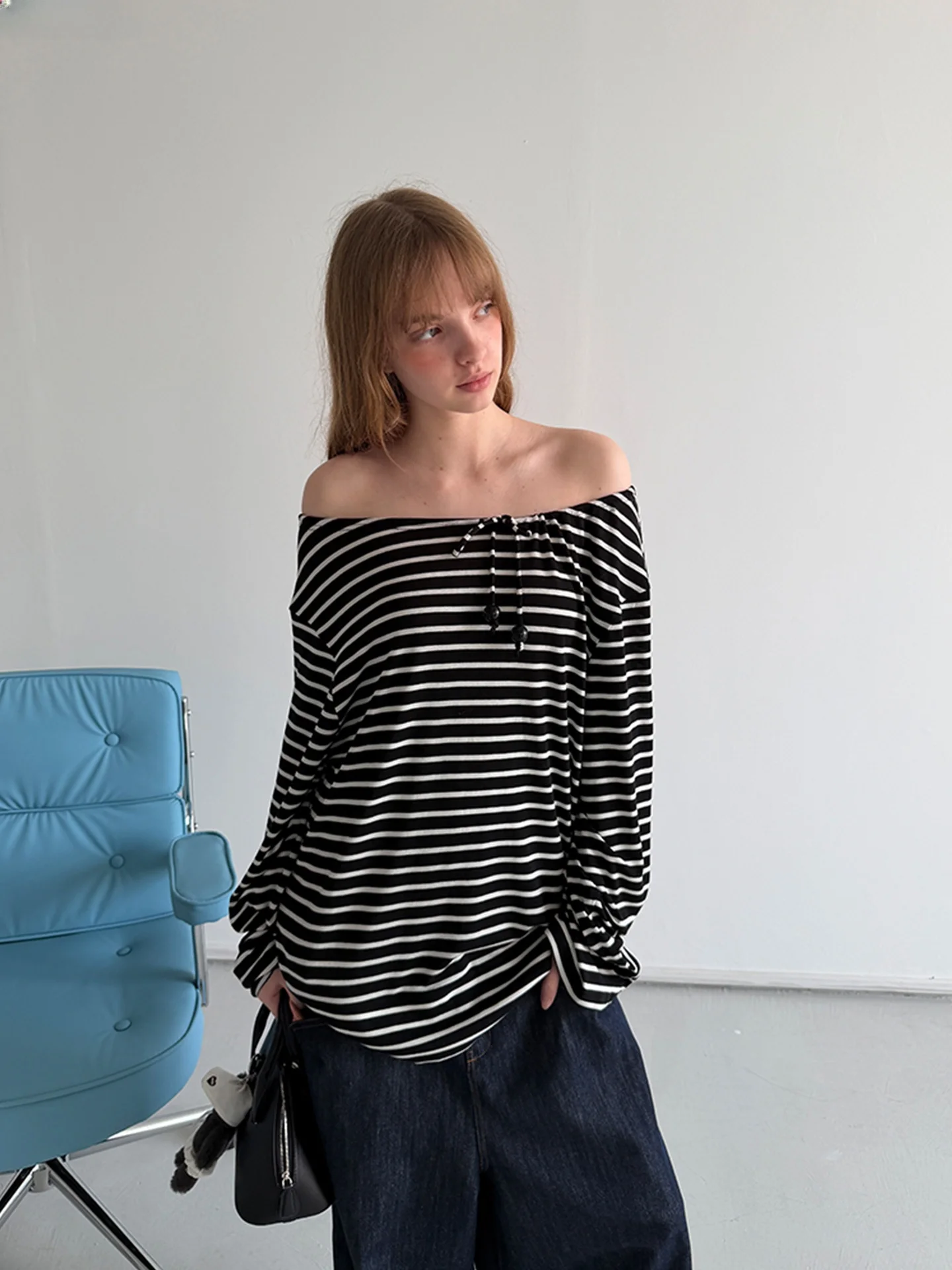 

Женская футболка Rockrio Rarelicold с длинным рукавом, из смесовой шерсти, с завязками, в полоску, повседневная, свободного кроя, для весеннего сезона