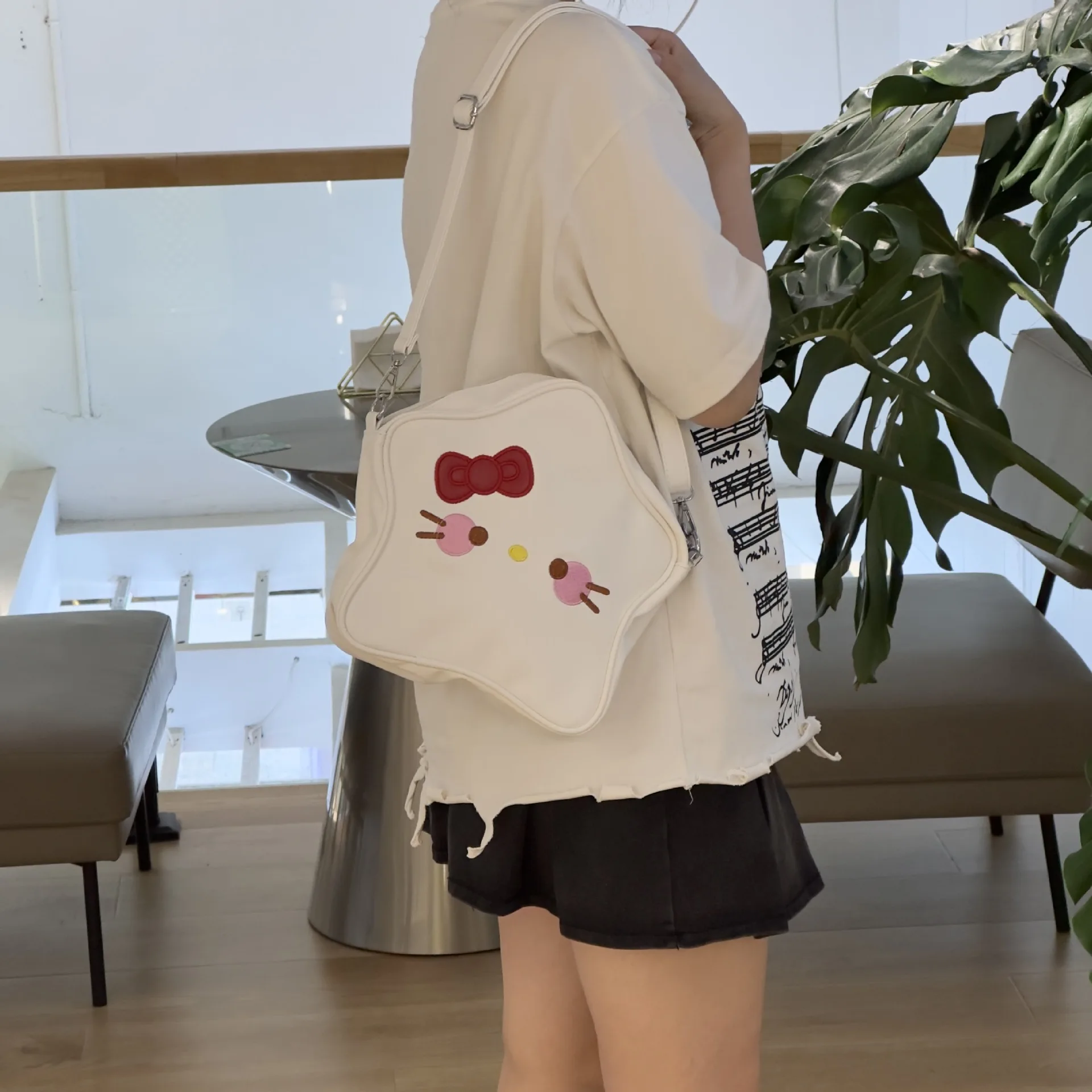 

Ray Hello Kitty Backpack for Women White Cute Y2k Pentagram Shape Funny Fashion Backpack Student College Style Leather Casual Ba