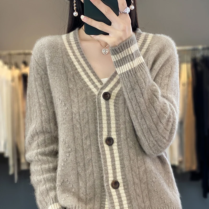 100% pure wool cardigan coat female autumn and winter new V-neck Korean cashmere sweater loose knit coat female