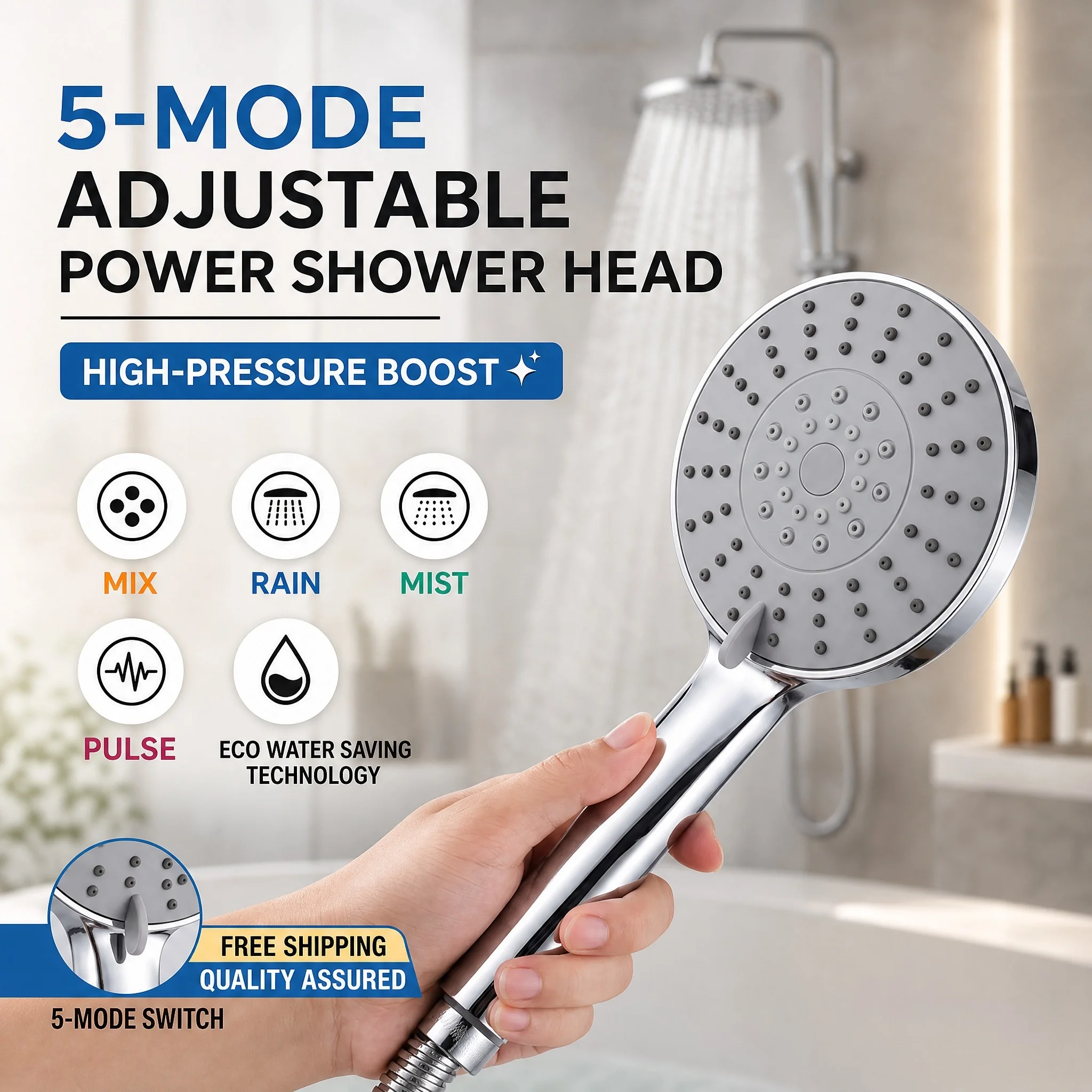High Pressure Handheld Shower Head Set, 5 Mode Water Saving Jetting SPA Shower with 1.5m Hose, Anti-Clog, Wall-Mounted Bathroom