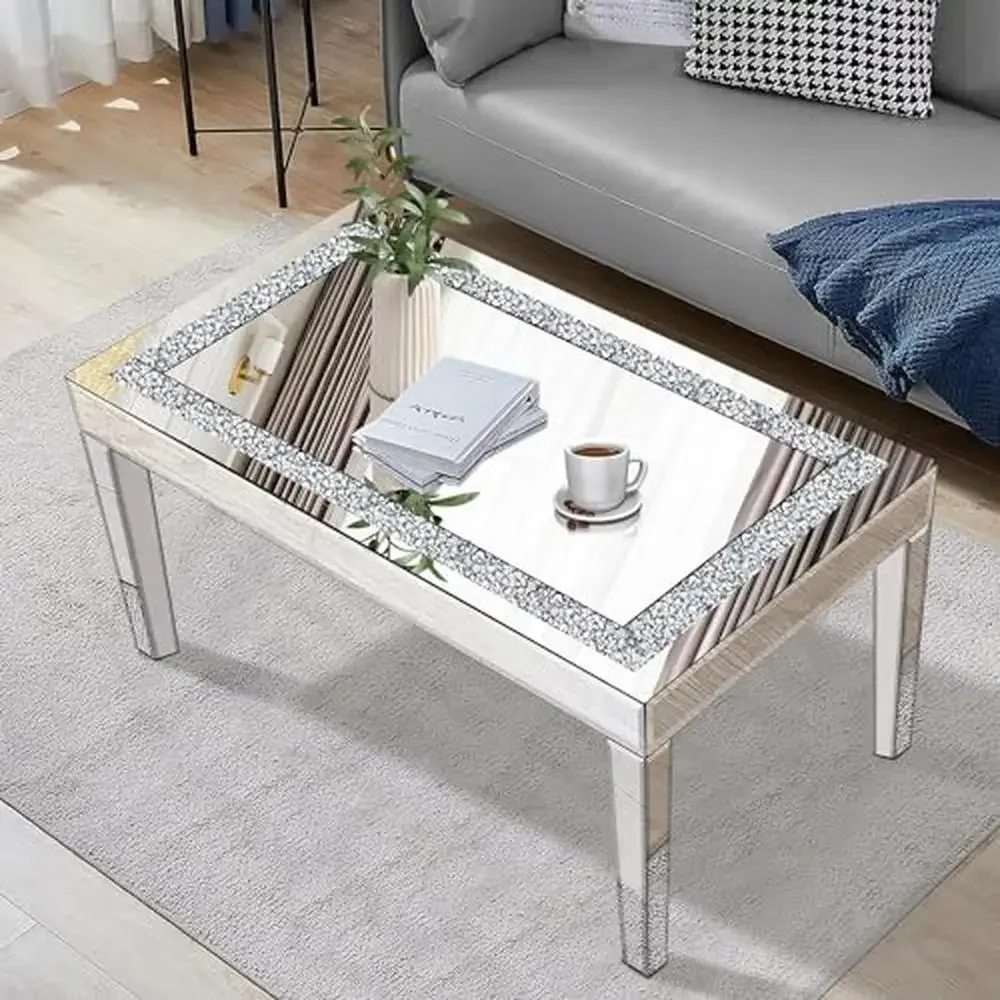 Mirrored Glass Inlay Coffee Table Crystal Accent Modern Living Room Center Table Chic Silver Finish Sturdy Legs Waterproof