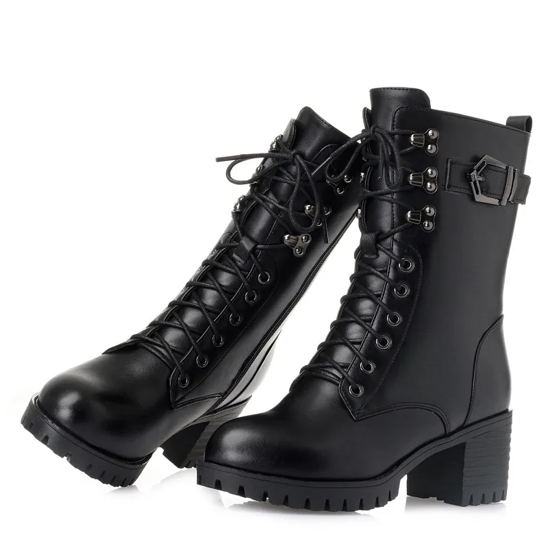 AIYUQI 2025 Genuine Leather Women Biker Boots Size 41 42 43 Lace Fashion Women Martn Boots High-heeled Thick Wool Boots