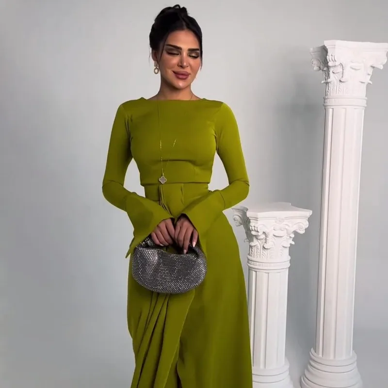 Women Solid Color Slim High Waist Slit Dress Spring and Autumn 2024 New Dress Women Long Sleeve O-Neck Irregular Elegant Dress