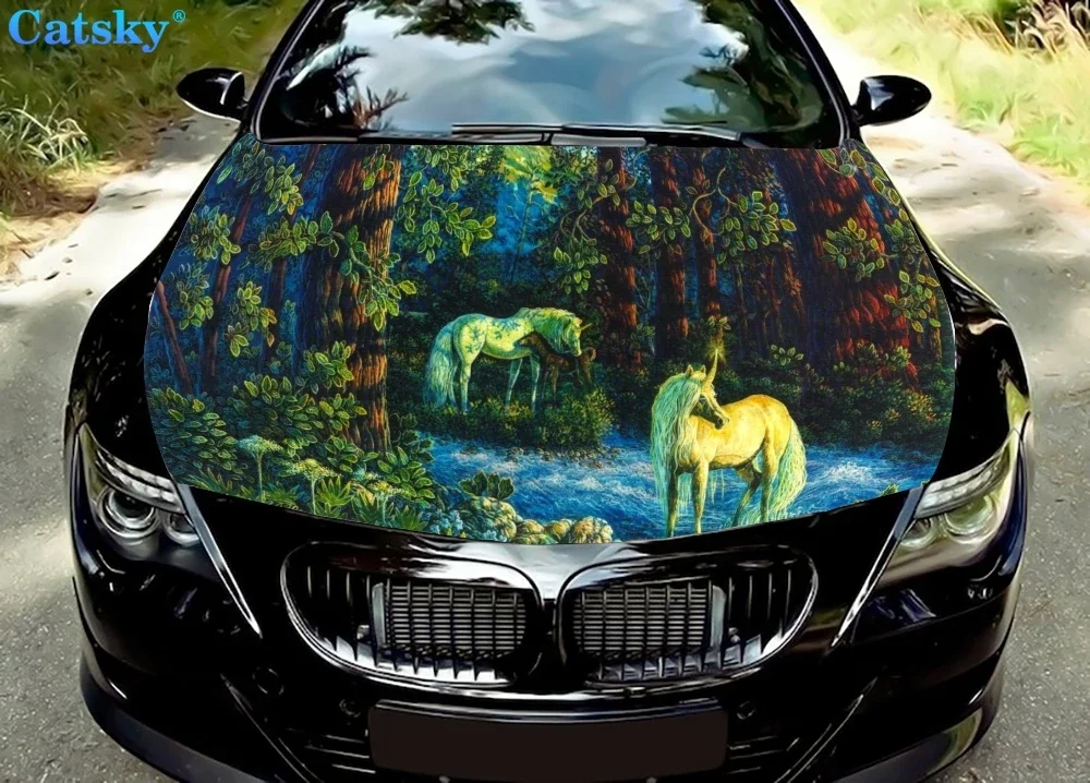 

Единорог в лесу, виниловые наклейки на капот автомобиля, виниловая пленка, наклейки на крышку двигателя, автомобильные аксессуары, защита капота автомобиля