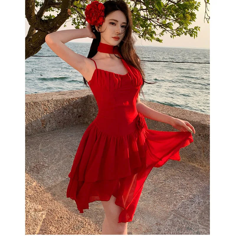 Boho Mini abito irregolare in chiffon rosso femminile sexy con spalle scoperte Slim Sling Holiday Beach Party Dress 2025 Nuova estate