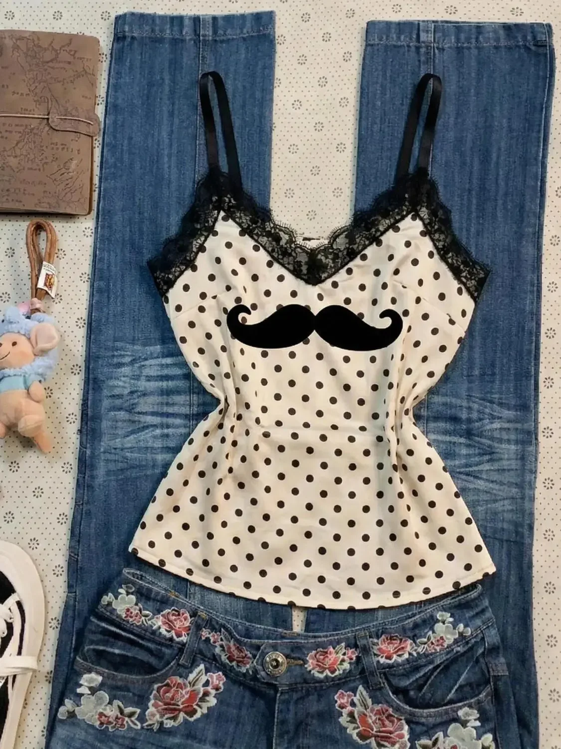 Y2k Vintage Mint Green Polka Dot Print Camisole Women Casual 
