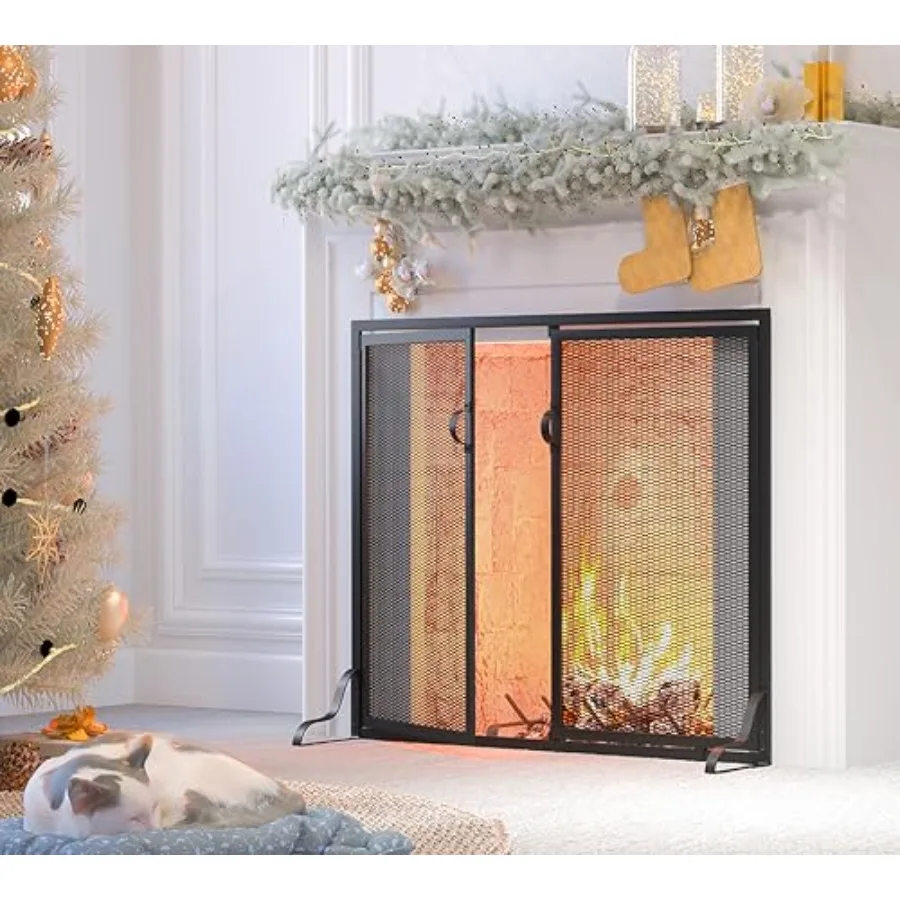 

Fireplace Screen with Magnetic Doors 2-Pannel Handcrafted Solid Wrought Iron Decorative Mesh Classic Fire Spark Guard Black 35"