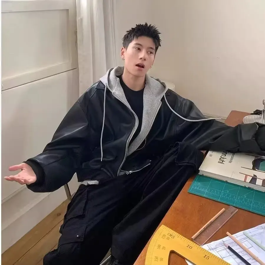 

Autumn Winter Large Size American Motorcycle Flight Jaet Baseball orm Hooded Patchwork Men's Leather Coat Street Sle