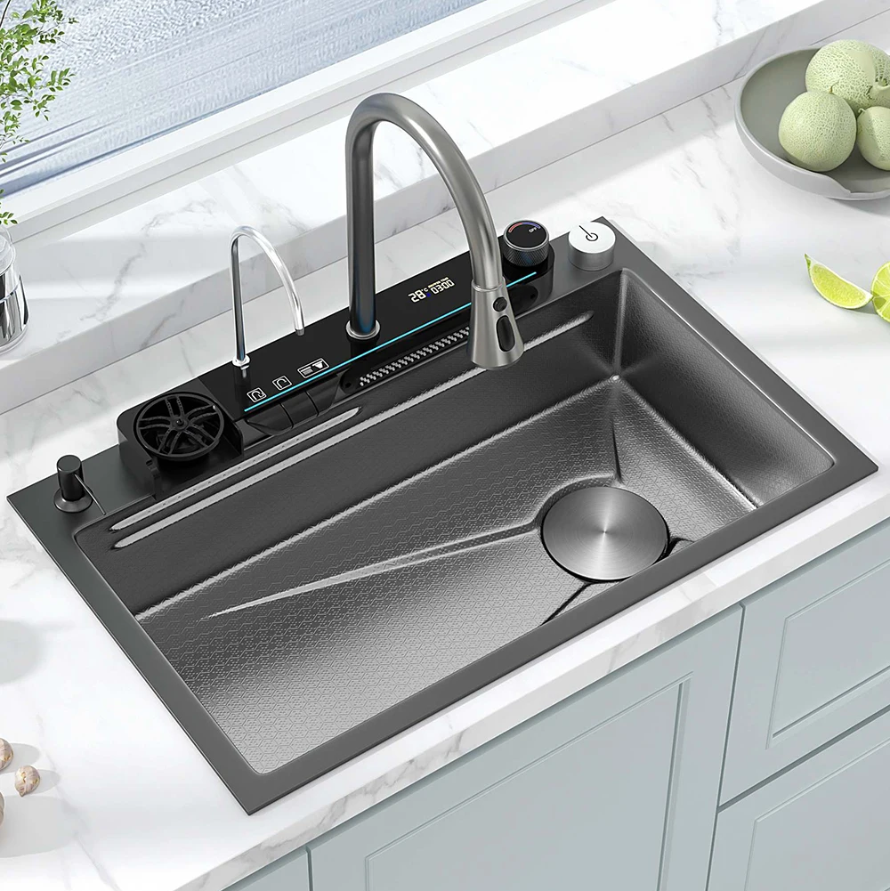 Modern Multifunction Rectangular Stainless Steel Single Bowl Waterfall Rainfall Digital Display Piano Key Kitchen Sink