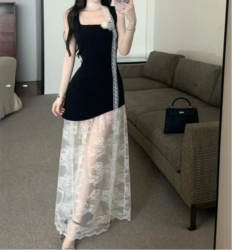 Flower Square Neck Vest Splicing Lace Dress Summer New Temperament Versatile Dress