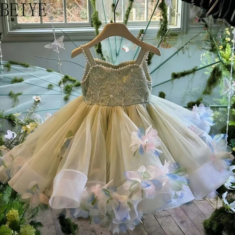 Summer Suspender Green Fairy Dress Girls Three Dimensional Flower Princess Dress Kids Birthday Performance Fairy Tutu Dress
