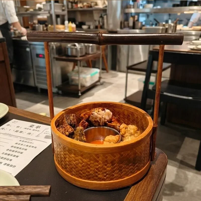 Natural Bamboo Woven Round Tray Portable Snack Plate for Dim Sum BBQ Crispy Meat Ciba Japanese Style Restaurant Tableware