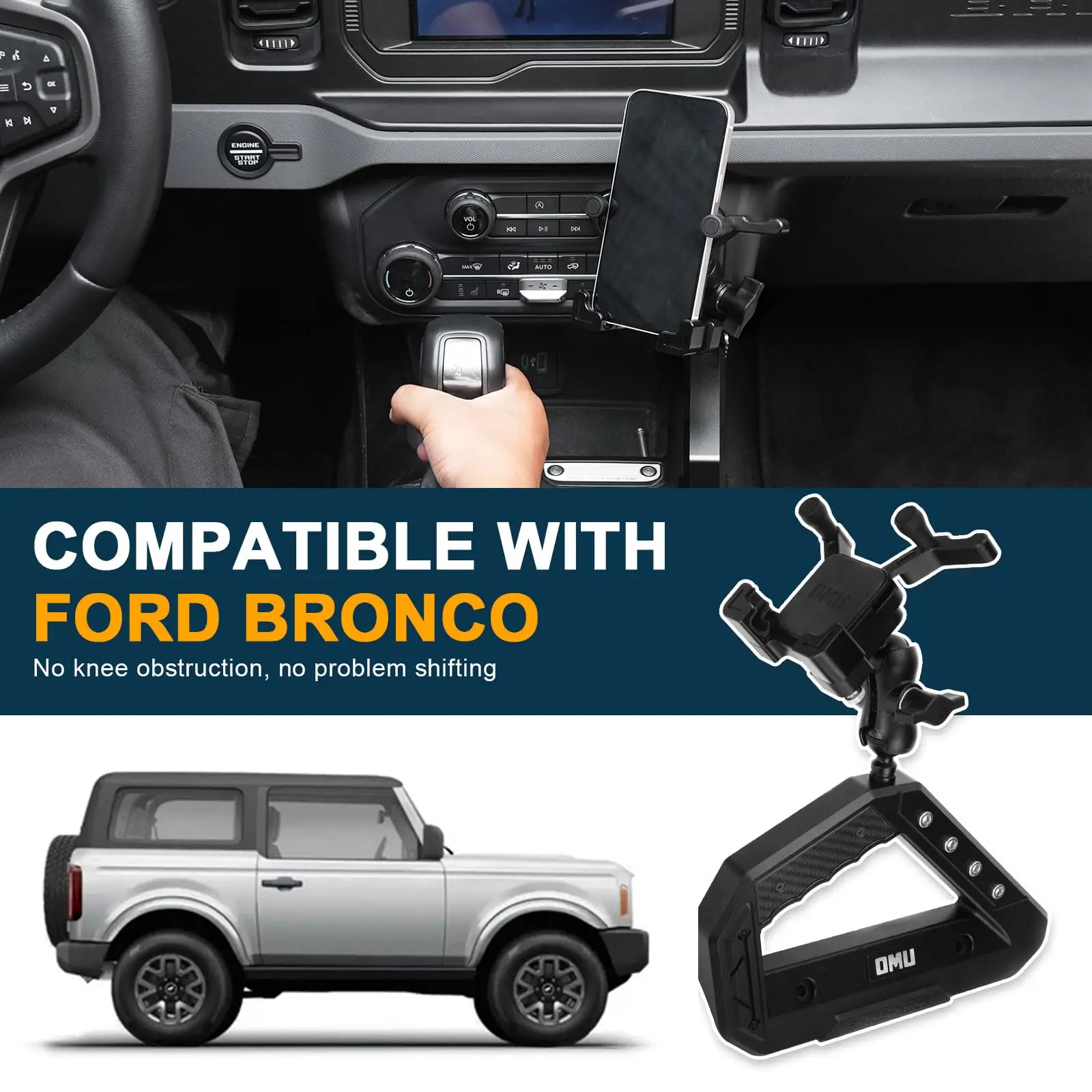 OMU Genesis Series Aluminum Center Console Grab Handle With 360° Rotatable Phone Holder For Ford Bronco 2021-23 Car Accessories