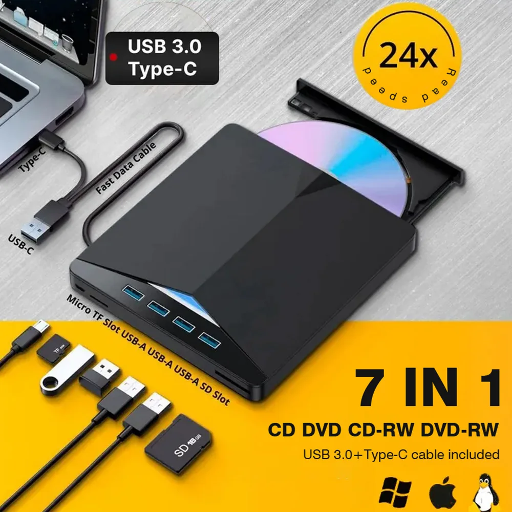 7-in-1 USB 3.0 Type-C external high-speed tray-load DVD RW drive, burner, reader, player for desktop PC laptop Windows 11/10