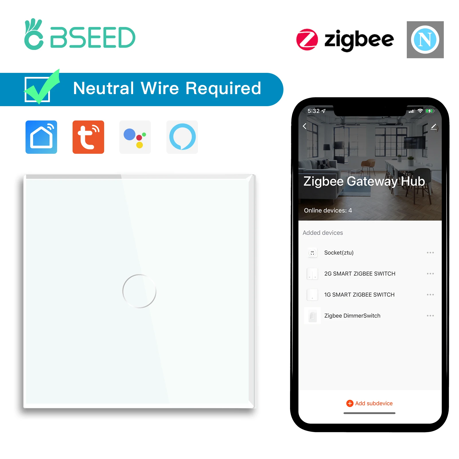 

BSEED Zigbee Touch Switch 1/2/3Gang 1/2/3Way Smart Wall Switch Tuya Google Home App Alexa Voice Control Need Neutral Wire
