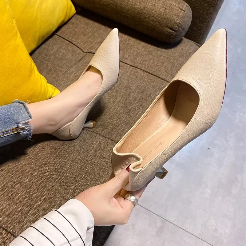 Versatile Professional Women's High Heels Cream Color Fine Track 2024 Spring Summer New Style Soft Leather Shoes Pointed Toe