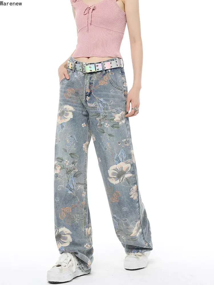 Imagem -03 - Jeans com Estampa Floral de Cintura Alta Feminina Estilo Harajuku Perna Larga Calça Jeans Azul Folgada Streetwear Vintage Calça Solta Y2k