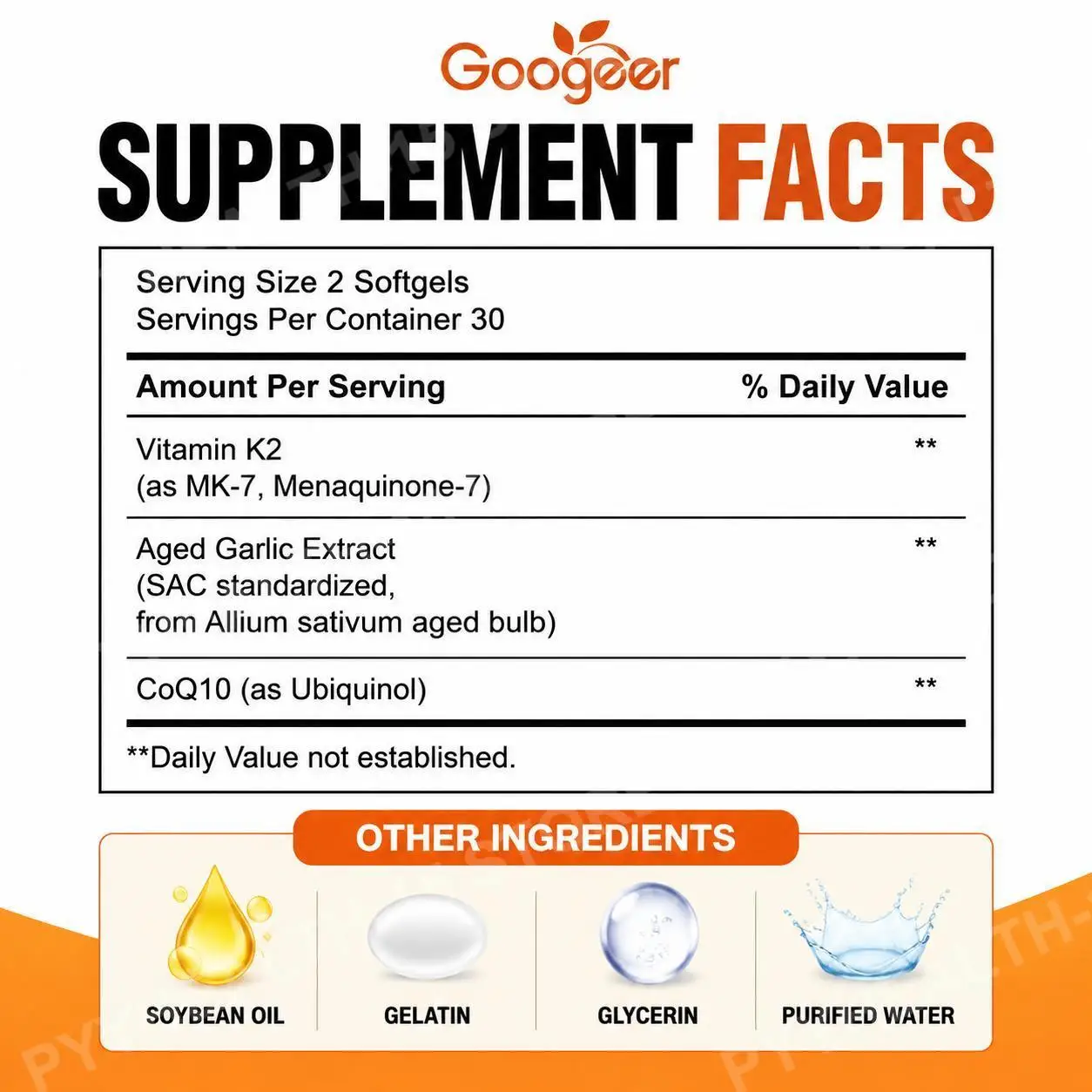 Googeer Aged Odorless Garlic Softgels with CoQ10 Ubiquinol Vitamin K2 MK-7 Heart Circulation Energy Immune Support 60 Count