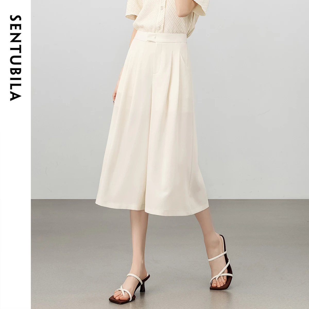 SENTUBILA Summer Woman Skirts Pants 2025 Office Simple Loose High Waist Calf Apricot Length Pants Women's Trousers 152K57541
