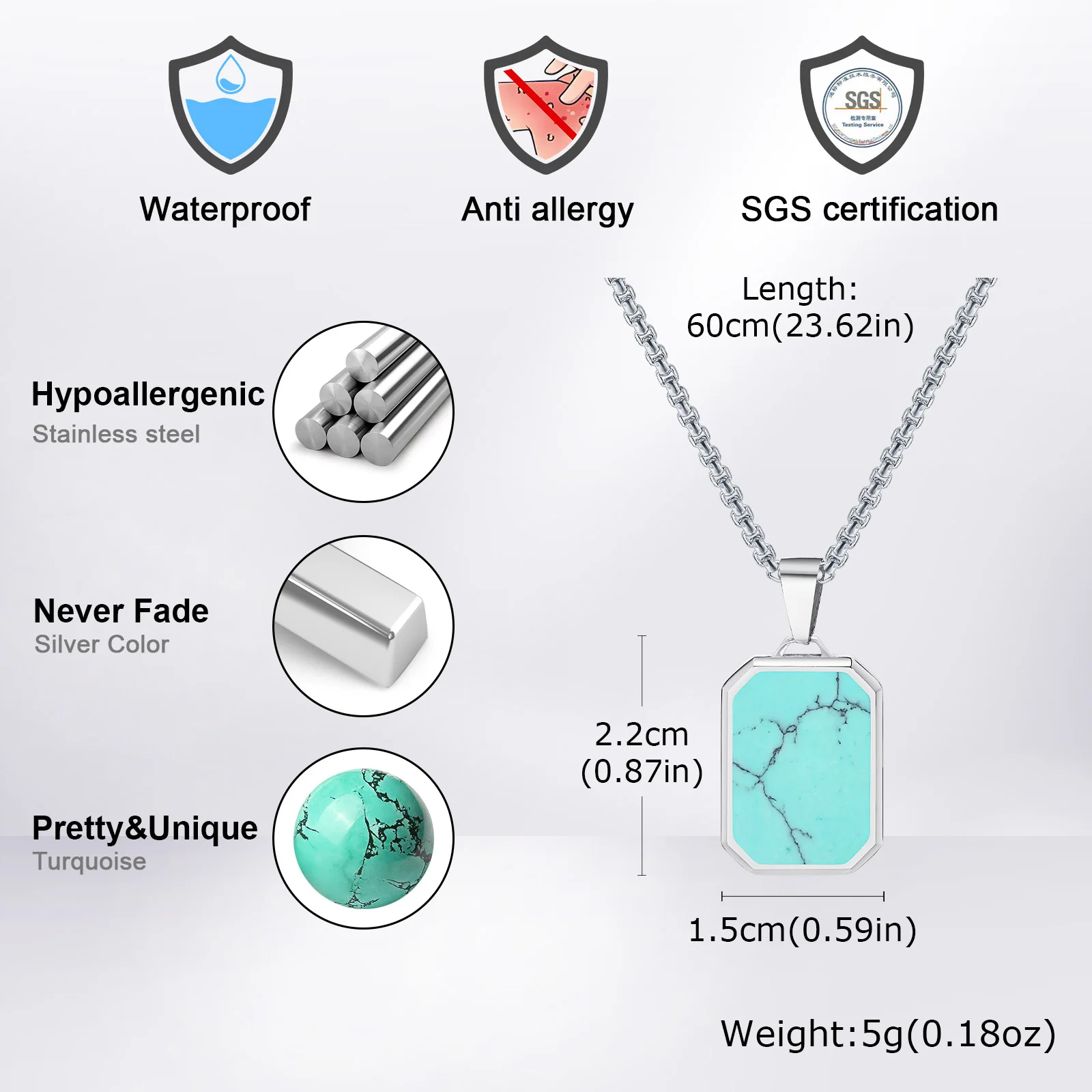 Vnox Natural Stone Pendant Necklaces for Men, Geometric Square Stainless Steel Necklaces Collar, Simple Casual Male Jewelry Gift image 4