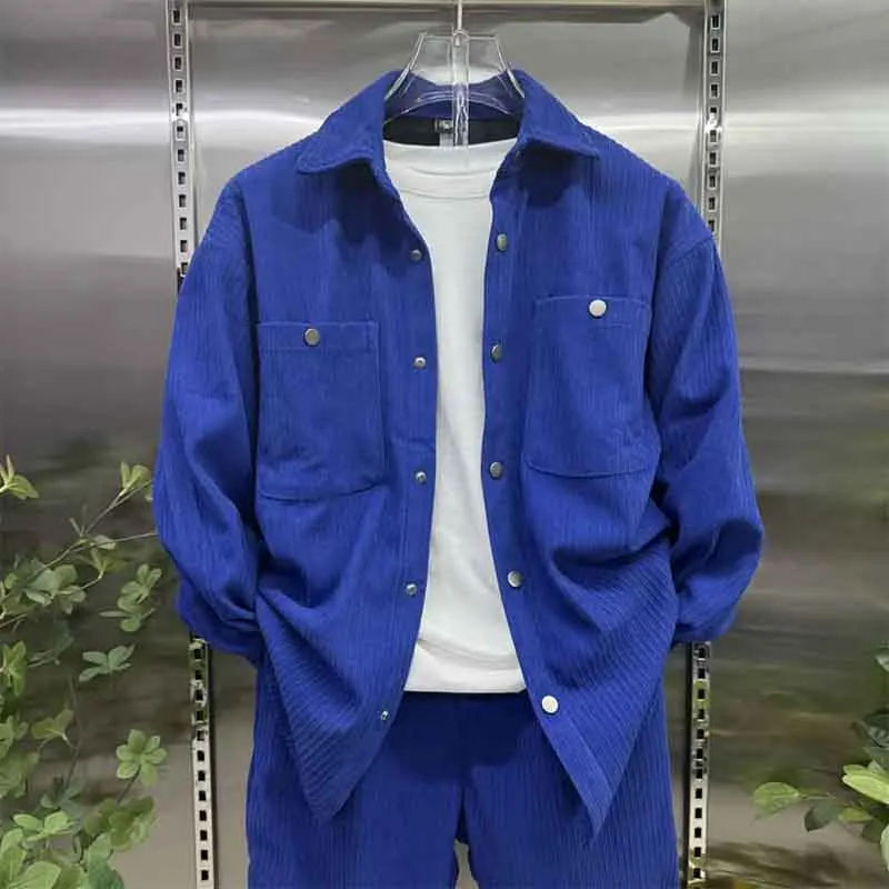 Fall New Men's Fleece Fashion Suit Versatile Shirt Jacket Straight-Leg Slacks Two-Piece Set