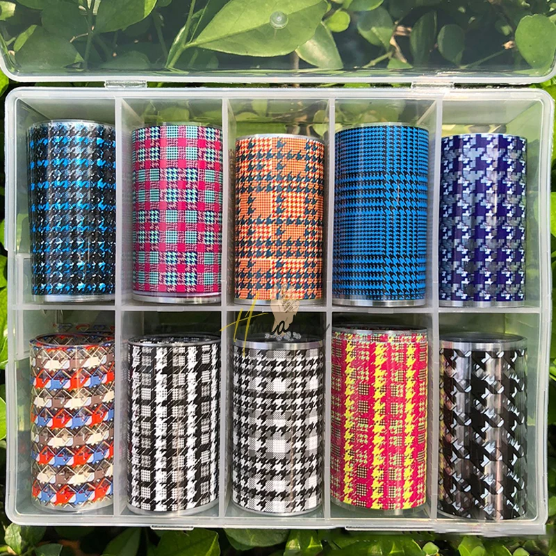 1box  Artistic Plaid Nail Transfer Foils Pink Grid Pattern Nail Stamping Stickers Sweety Cowboy Style Manicure Decals